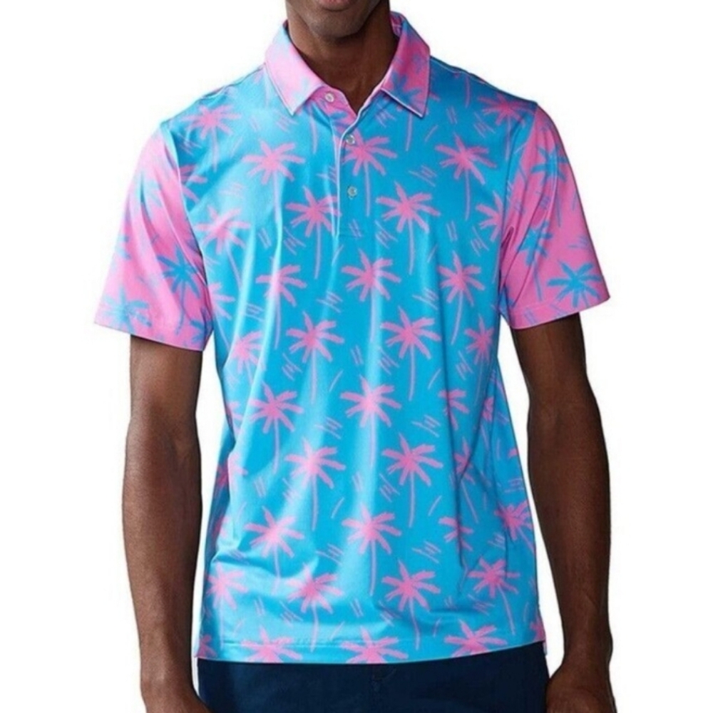 Chubbies Pink Blue Palm Tree Polo Shirt Size M